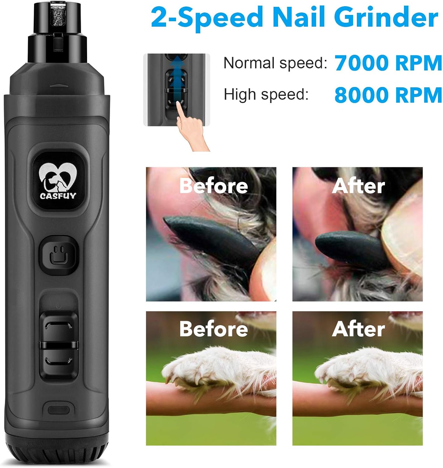 Revolutionary Dog Nail Grinder with Dual LED Lights - Powerful 2-Speed Electric Trimmer for Stress-Free Grooming of Small, Medium, and Large Dogs and Cats (C-Grey)