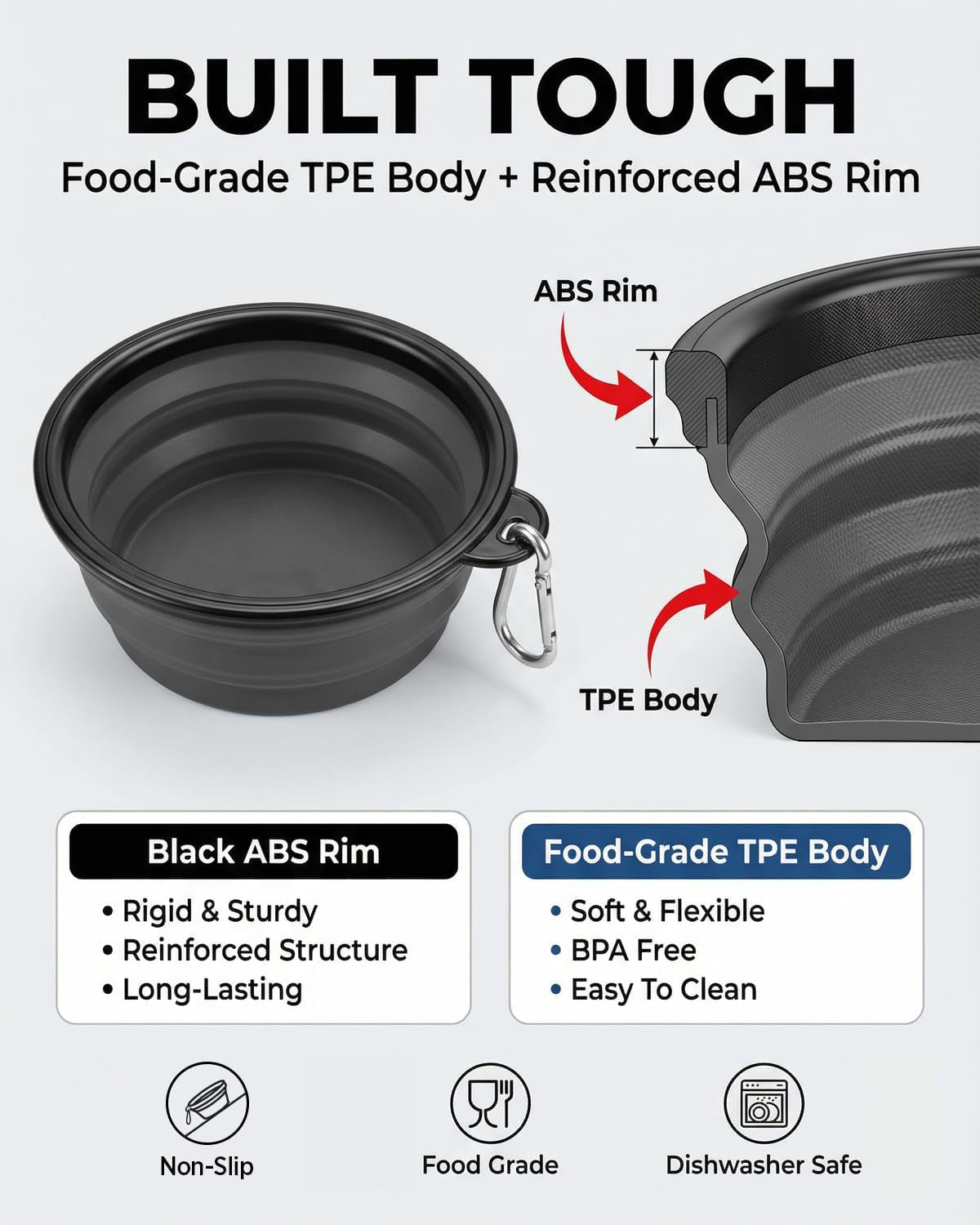 Collapsible Travel Dog Bowls - 2-Pack Portable Water and Food Bowls for Dogs and Cats, Perfect for Hiking and Camping (Grey & Black, Large)